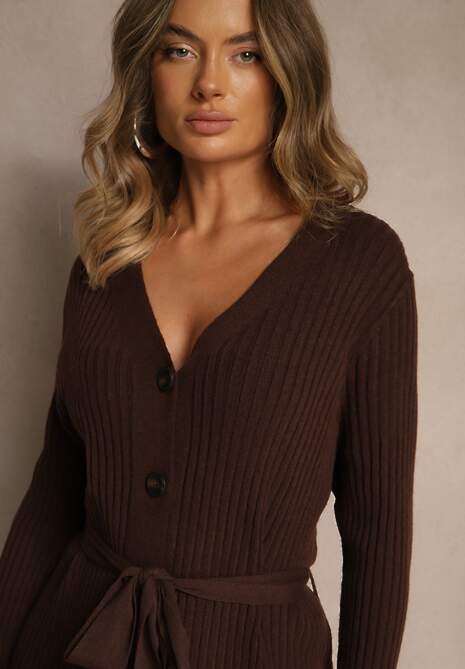 Brązowa Prążkowana Sukienka Dzianinowa z Domieszką Wełny Zapinana na Guziki Nalemma