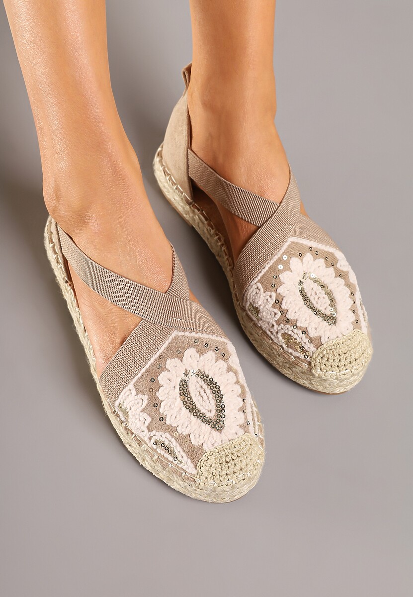 Ciemnobeżowe Espadryle w Stylu Boho Zdobione Haftem Cekinami i Plecionką Idariva