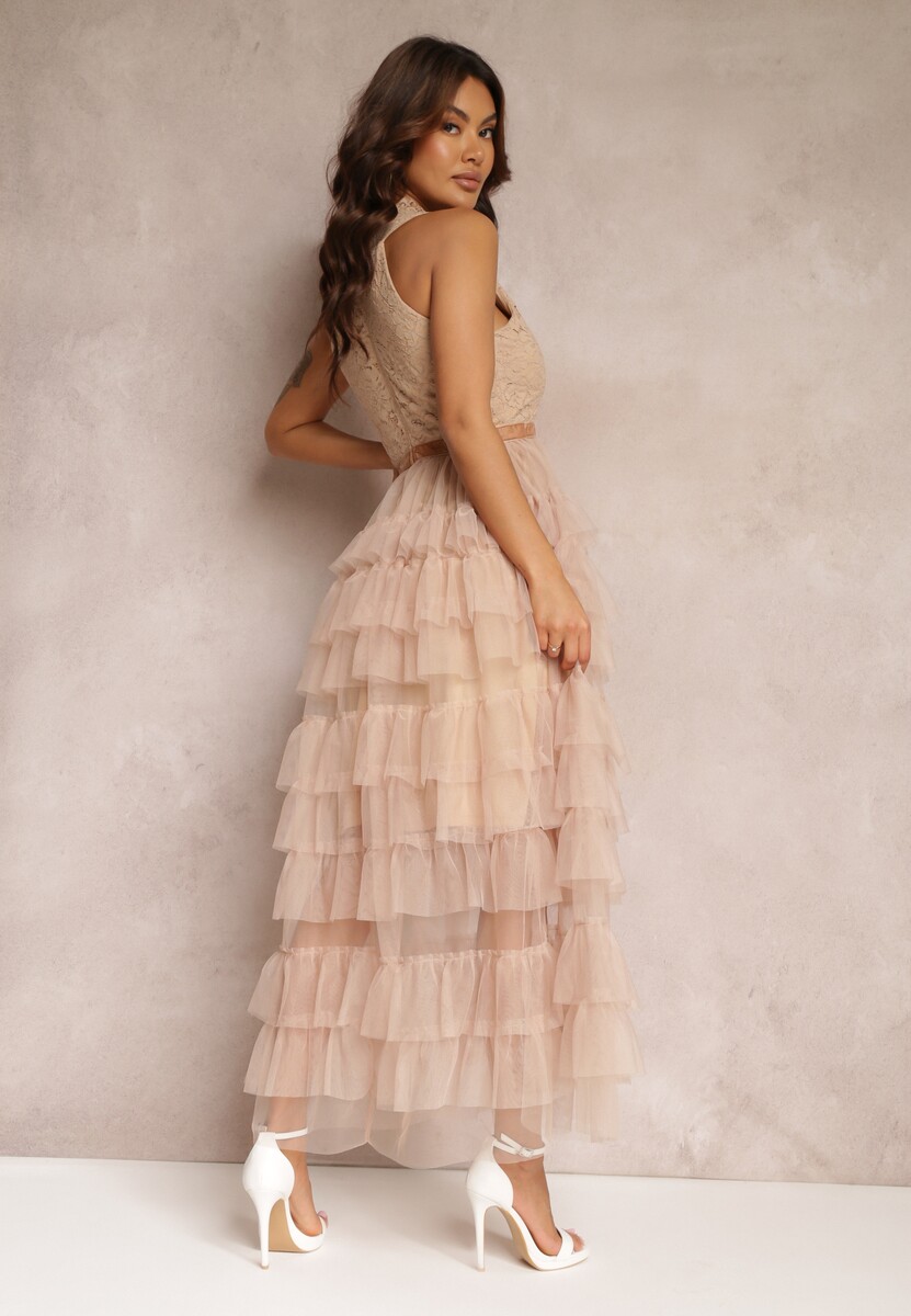 Beżowa Sukienka Koktajlowa z Koronkową Górą i Rozkloszowanym Tiulowym Dołem Venisa