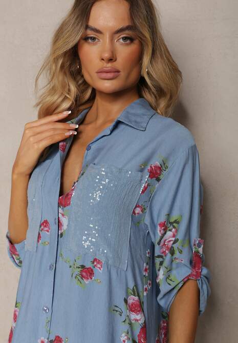 Niebieska Koszulowa Bawełniana Sukienka Zapinana na Guziki Nuramla