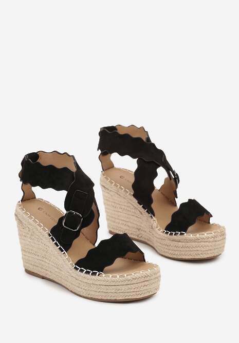 Czarne Sandały na Koturnie z Juty z Ozdobnymi Paskami Rhexinn