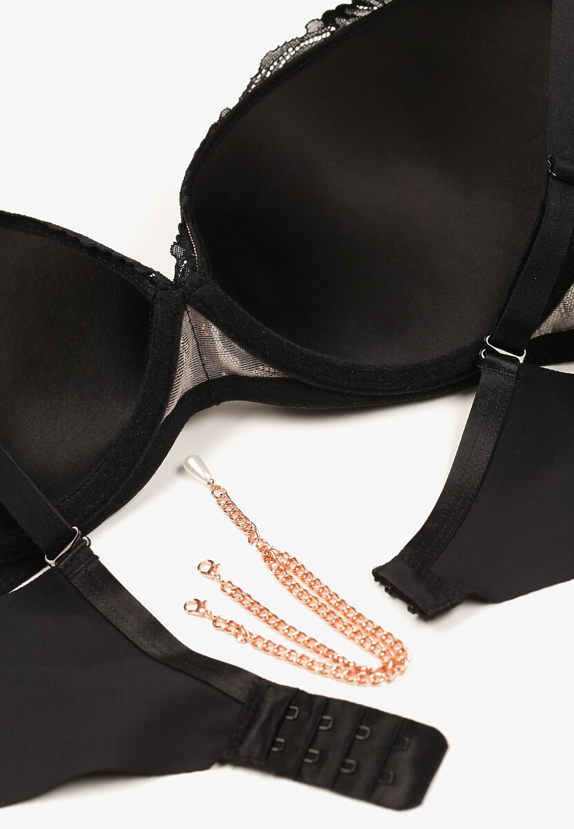 Czarno-Beżowy Biustonosz Push Up Ozdobiony Łańcuszkiem z Kryształkiem Brinanna