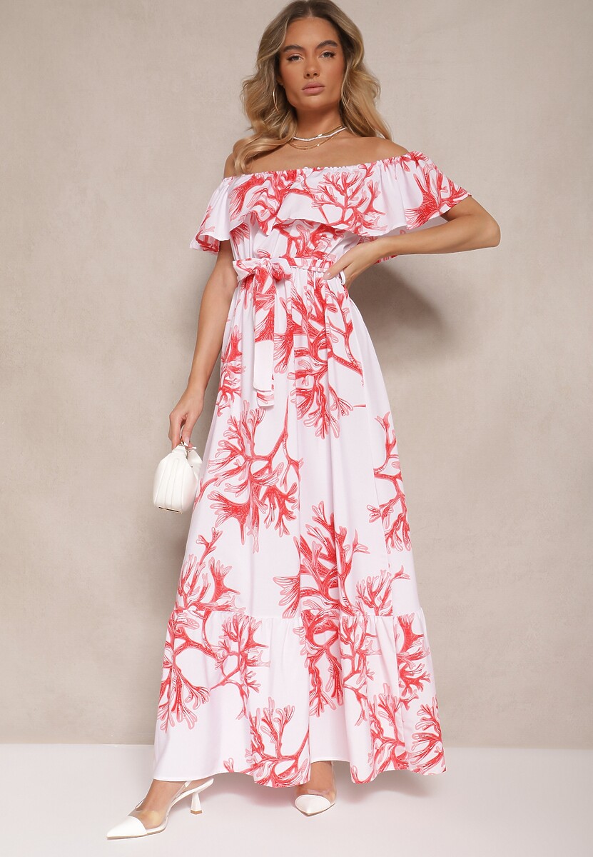 Czerwono-Biała Rozkloszowana Sukienka Hiszpanka z Wiązaniem w Talii Sesalira