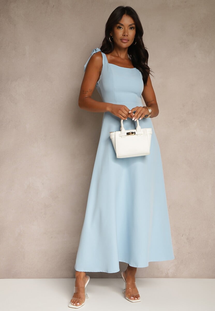 Niebieska Sukienka z Wiskozą o Rozkloszowanym Kroju z Wiązaniem Nilafeia