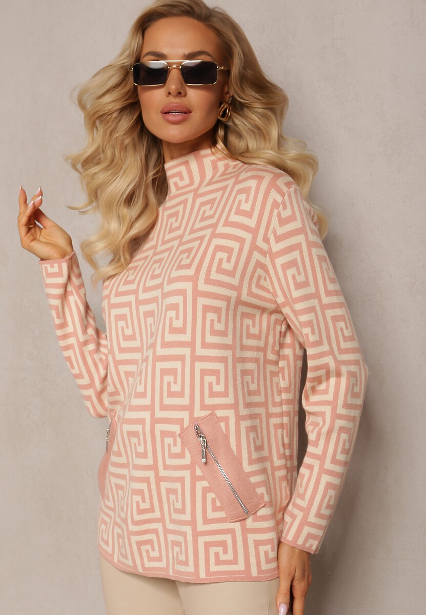 Różowy Sweterkowy Półgolf z Dzianiny o Geometrycznym Motywie i Dodatkowymi Zamkami Vulla