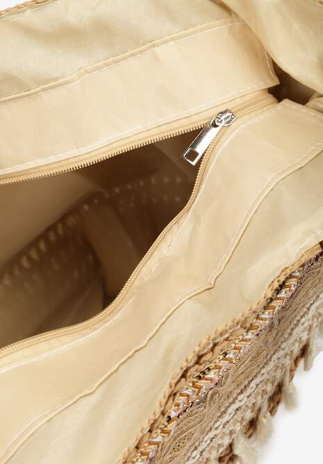 Brązowa Jednokomorowa Duża Torebka w Stylu Boho Ozdobiona Frędzlami Rivanete