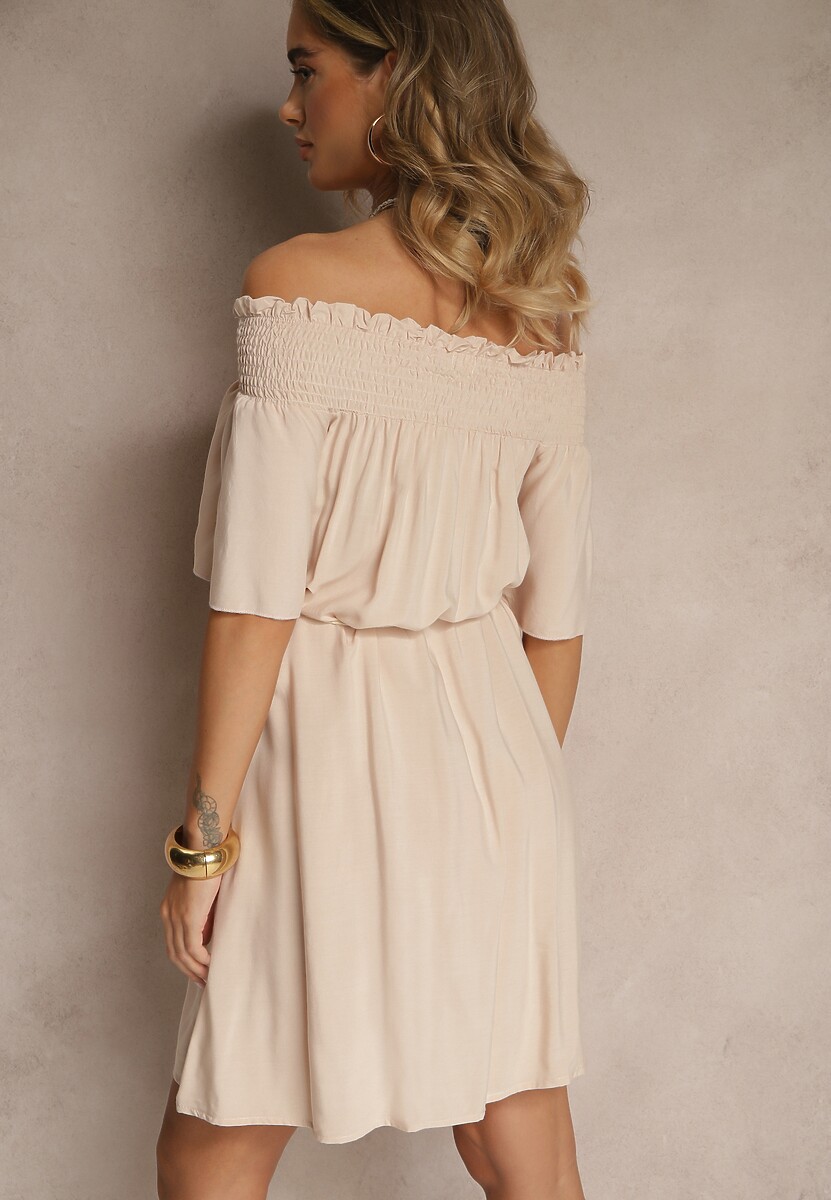 Beżowa Sukienka Hiszpanka z Bawełną i Wiskozą Ozdobiona Sznurkiem Lilarelle