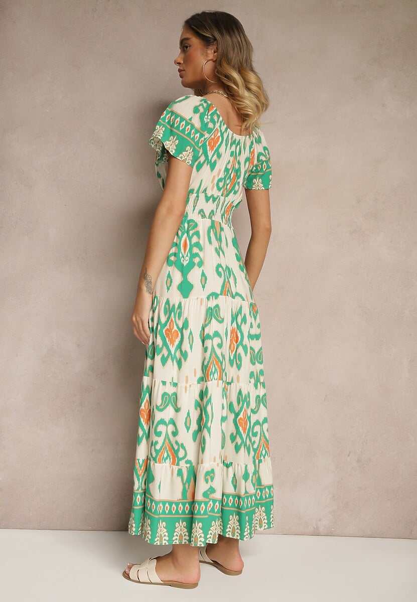 Zielona Sukienka z Wiskozy Ozdobiona Geometrycznym Motywem Clevessa