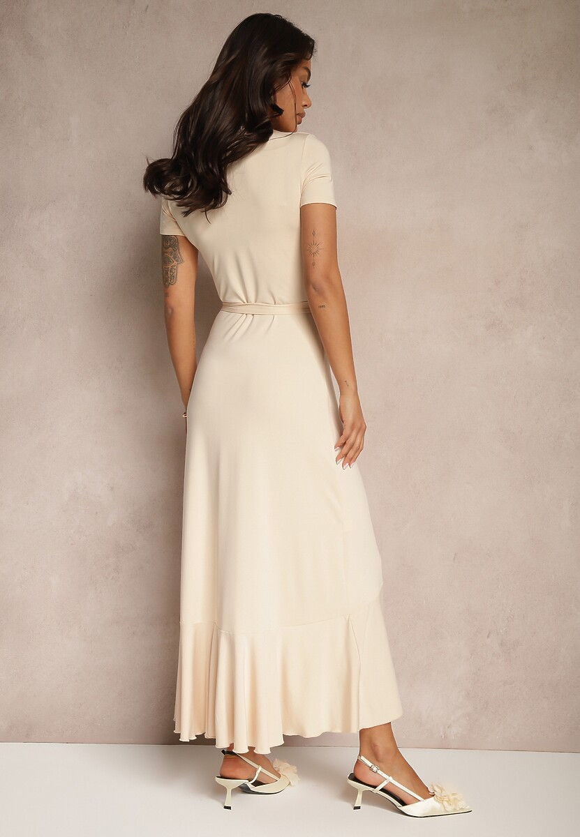 Beżowa Sukienka o Kopertowym Fasonie z Falbankami Zleffia