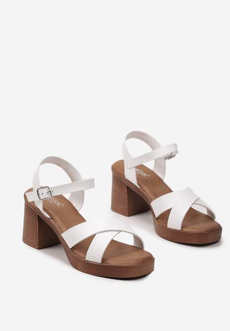 Białe Sandały na Słupku z Platformą z Imitacji Drewna Argastia