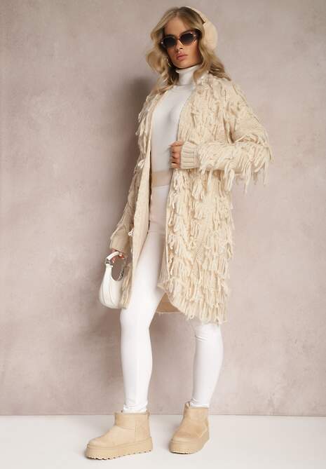 Jasnobeżowy Niezapinany Kardigan w Ozdobne Frędzle Massawa