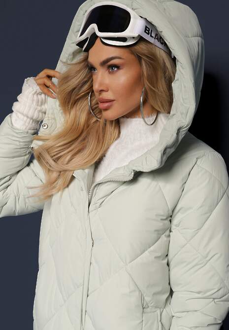 Jasnozielona Pikowana Kurtka Płaszcz za Kolano z Kapturem Kinassan