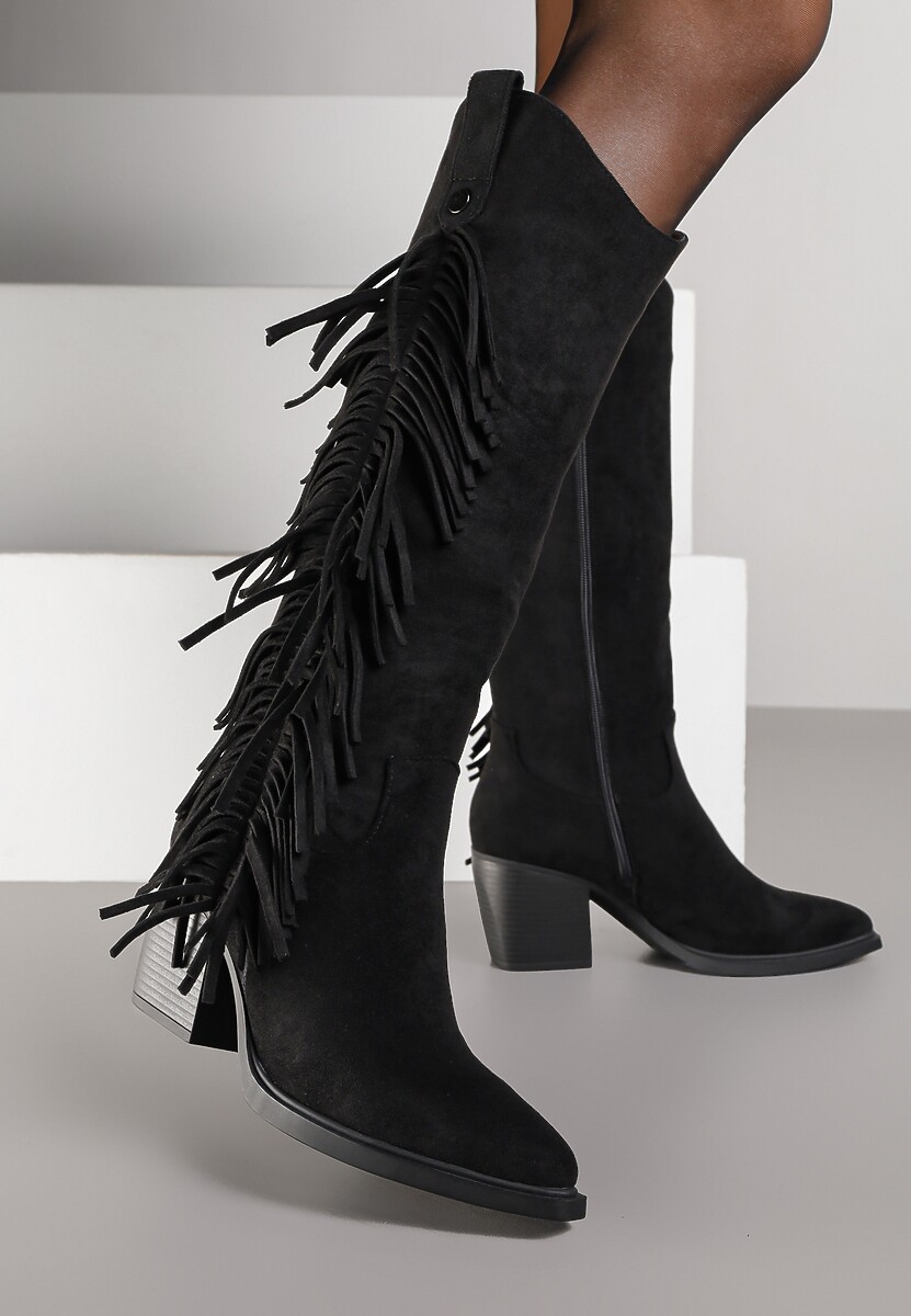 Beżowe Kozaki Kowbojki na Stożku Zdobione Frędzlami Nucca