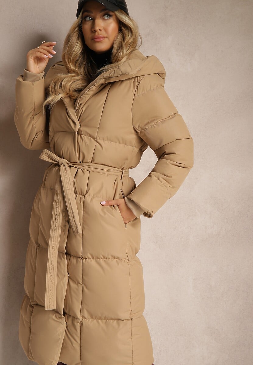 Ciemnozielona Długa Kurtka z Pikowanymi Przeszyciami Kapturem i Wiązanym Paskiem Zalirra