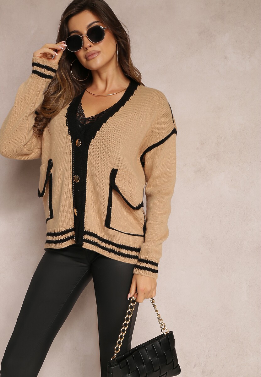 Ciemnobeżowy Kardigan z Metalicznymi Guzikami i Ozdobnymi Lamówkami Abovza