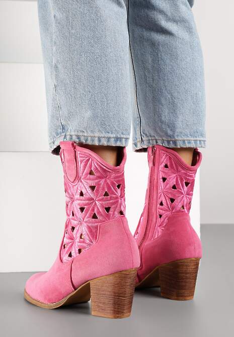 Fuksjowe Botki Kowbojki Vices na Słupku z Geometrycznym Motywem Sarori