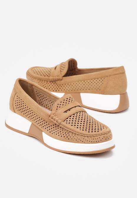 Brązowe Metaliczne Mokasyny z Wkładką ze Skóry Naturalnej i Ażurową Cholewką Lunenia