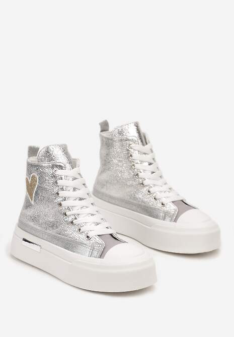 Srebrne Brokatowe Trampki na Platformie z Cholewką za Kostkę Nevirosa