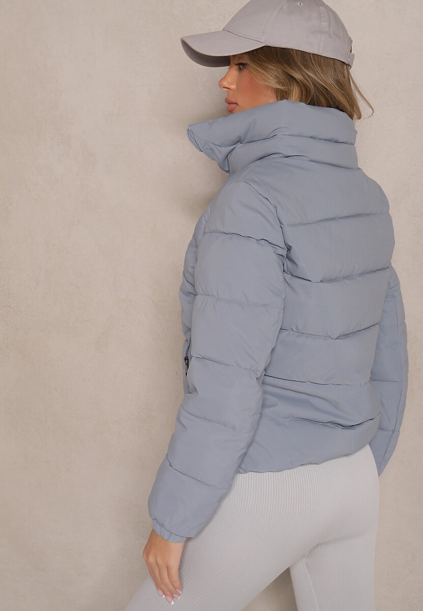 Niebieska Kurtka o Prostym Kroju ze Stójką i Pikowanymi Przeszyciami Mireriel