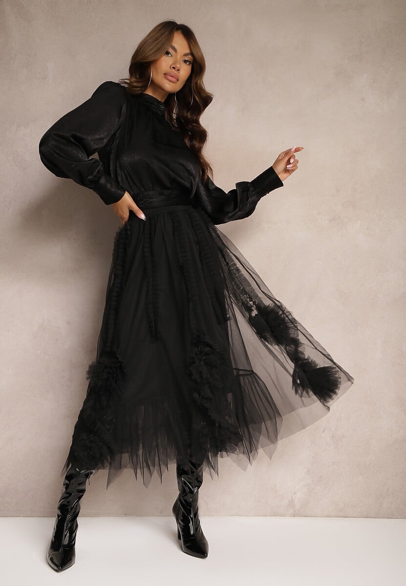 Czarna Spódnica o Rozkloszowanym Kroju z Transparentnym Tiulem i Falbankami Asmerra