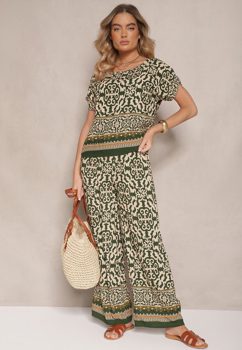 Ciemnozielony Komplet Spodnie i Bluzka z Bawełny w Ornamentalny Print Nanitria