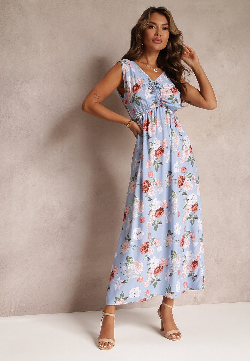 Jasnoniebieska Sukienka Maxi w Kwiaty z Gumką w Talii Kaleita