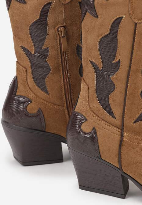 Brązowe Kozaki Kowbojki na Stożku z Tłoczoną Cholewką Avrenne