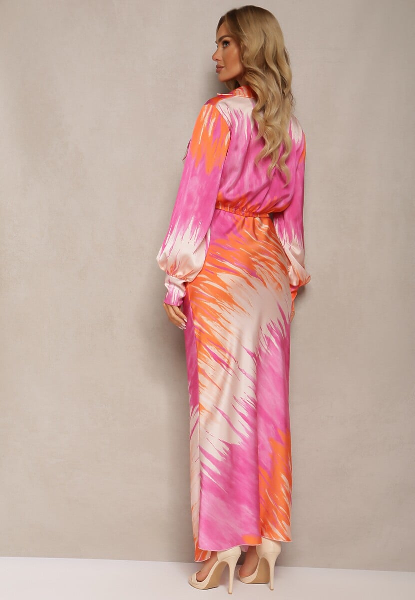 Fuksjowo-Pomarańczowy Dwuczęściowy Komplet Krótka Koszula z Gumką i Dekoltem Spódnica z Gumką w Talii Zeta