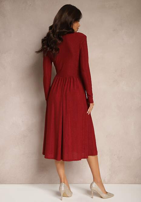 Bordowa Sukienka Koktajlowa Ozdobiona Metaliczną Nicią Mialorin