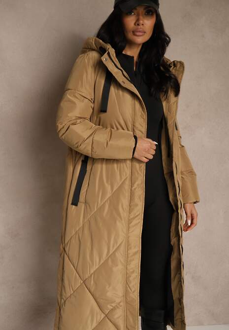 Ciemnobeżowa Pudełkowa Kurtka o Długim Kroju z Pikowanymi Przeszyciami Kapturem i Kieszeniami Calatta