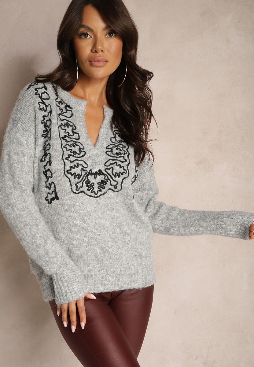 Ciemnoszary Kardigan z Dodatkiem Wełny na Guziki z Kokardami i Cyrkoniami Izarlitia