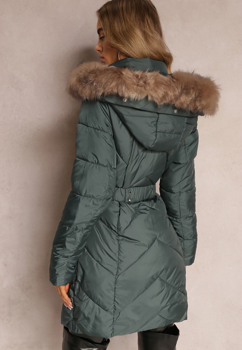 Zielona Długa Pikowana Kurtka w Stylu Parki z Troczkiem w Pasie i Sztucznym Futerkiem Abelasa