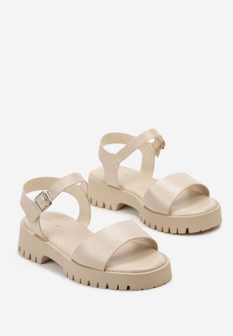 Beżowe Sandały na Grubej Podeszwie z Gładkiej Ekoskóry ze Sprzączką Drusa