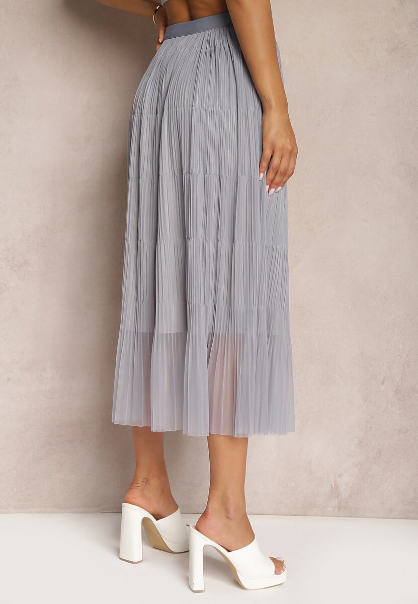 Szara Rozkloszowana Spódnica z Tiulu Wykończona Gumką w Pasie Risshara