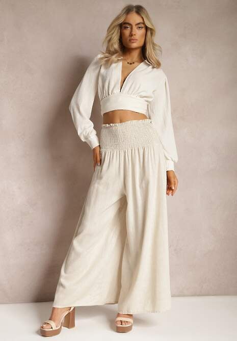 Beżowe Szerokie Spodnie Culottes z Bawełny z Gumką w Talii Ifletia