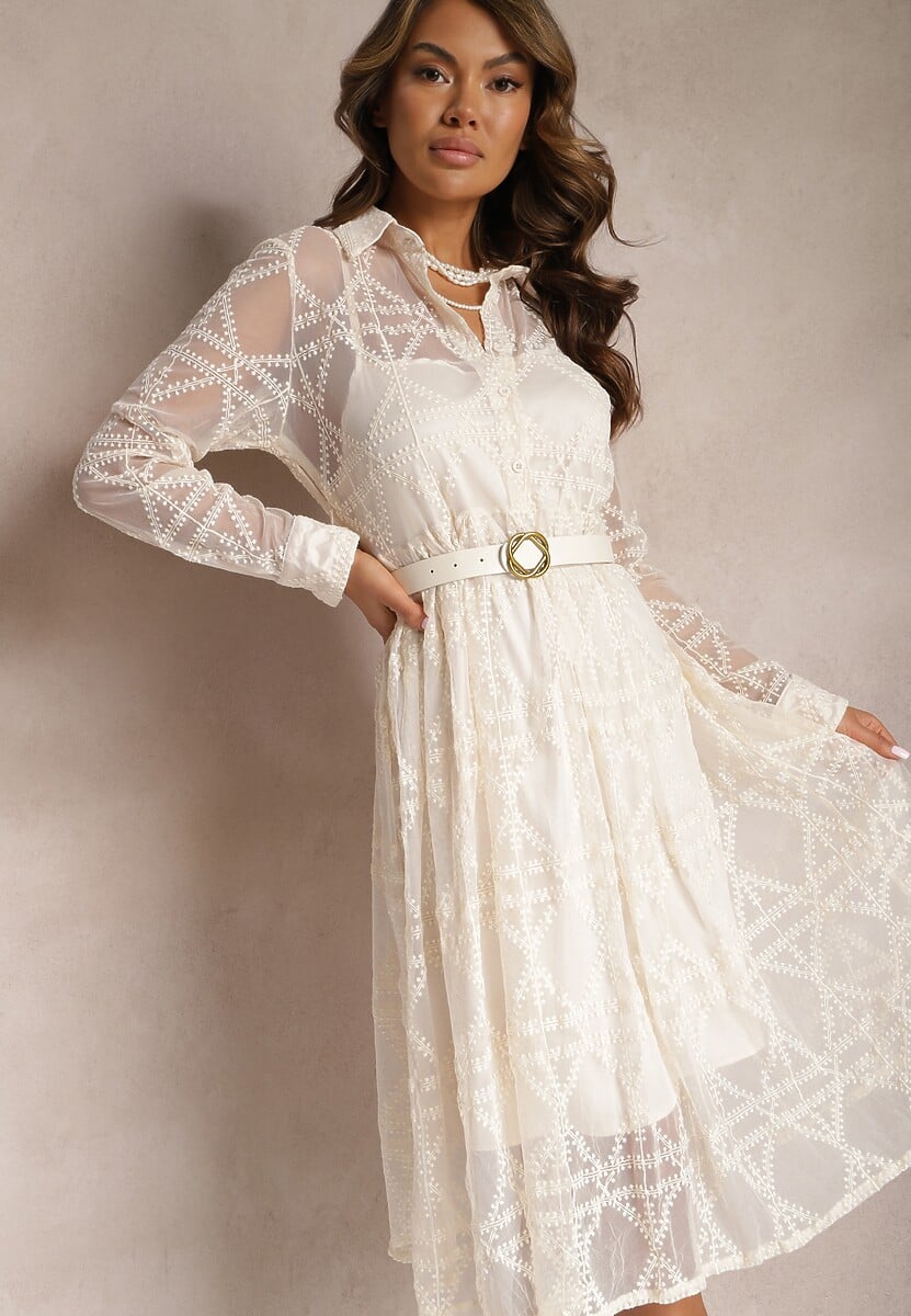 Biała Haftowana Sukienka Midi z Paskiem Binaela