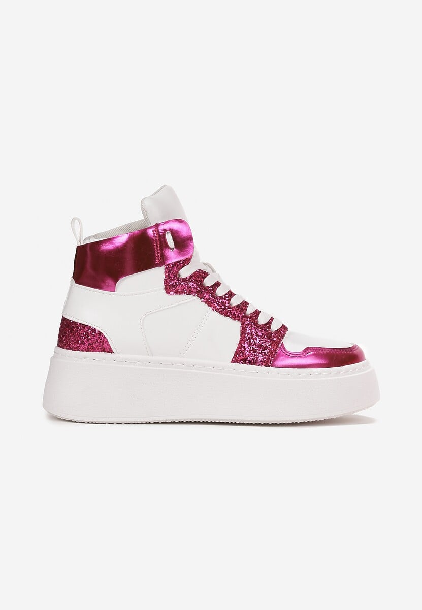 Biało-Fuksjowe Sznurowane Sneakersy za Kostkę z Brokatem i Metalicznymi Wstawkami Sareena