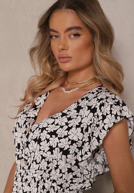 Czarna Rozkloszowana Sukienka z Bawełny w Kwiatowy Wzór z Gumką w Talii Alaniria