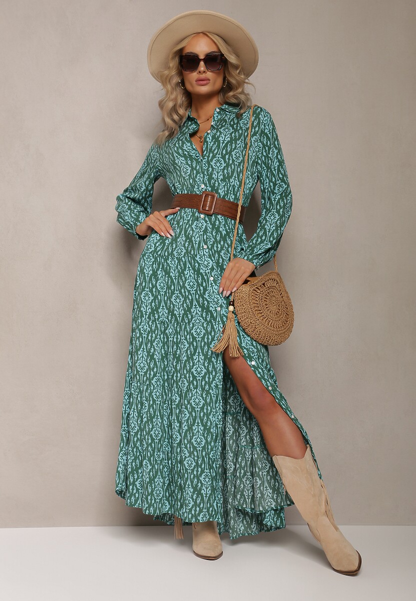 Zielona Sukienka Koszulowa w Ornamentalny Wzór Gongi