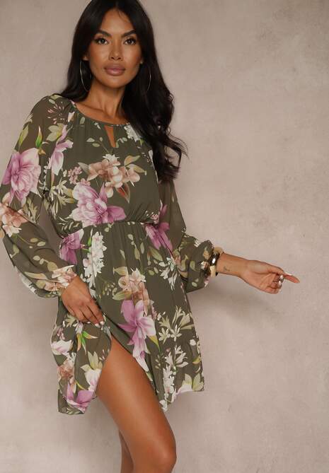 Ciemnozielona Rozkloszowana Sukienka Ozdobiona Kwiatowym Wzorem Zerovia