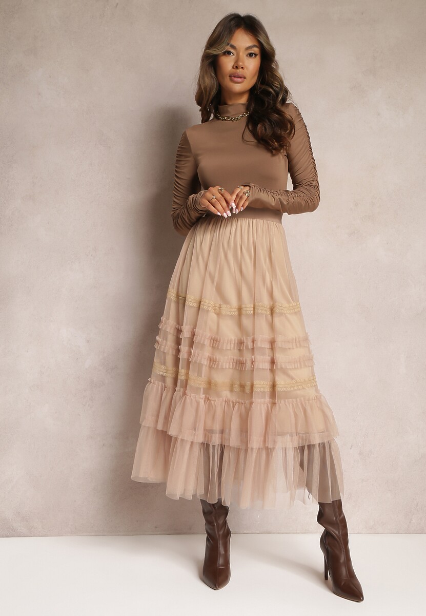 Beżowa Rozkloszowana Spódnica Maxi z Gumką w Talii i Falbanami z Tiulu Estime