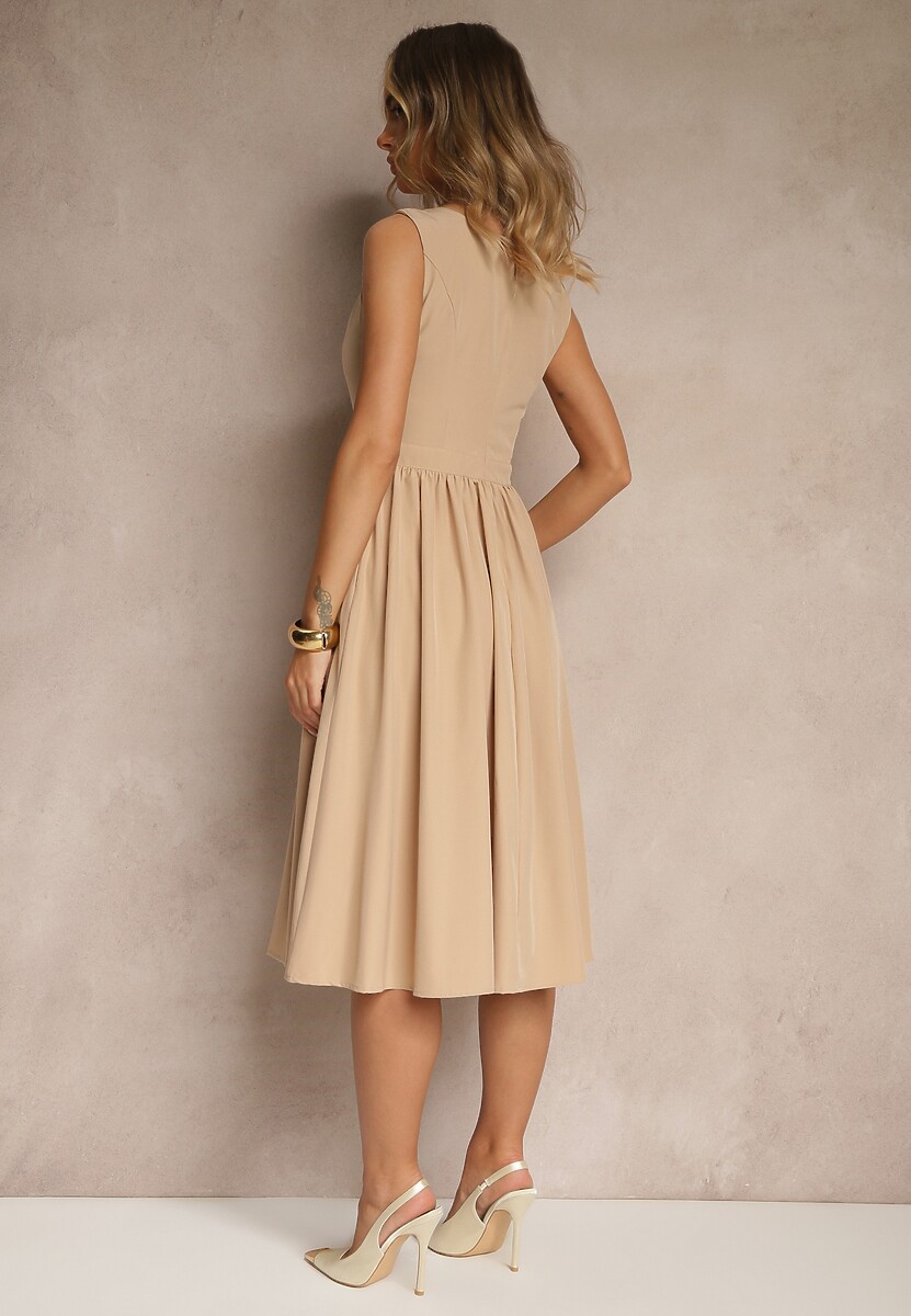 Beżowa Basicowa Sukienka Vices o Rozkloszowanym Kroju Tolaneia