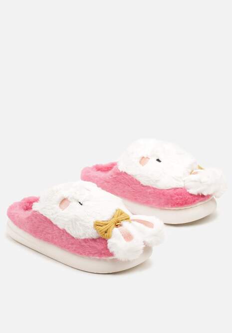 Ciemnoróżowe Kapcie na Płaskiej Podeszwie Ozdobione Króliczkiem 3D Temiena