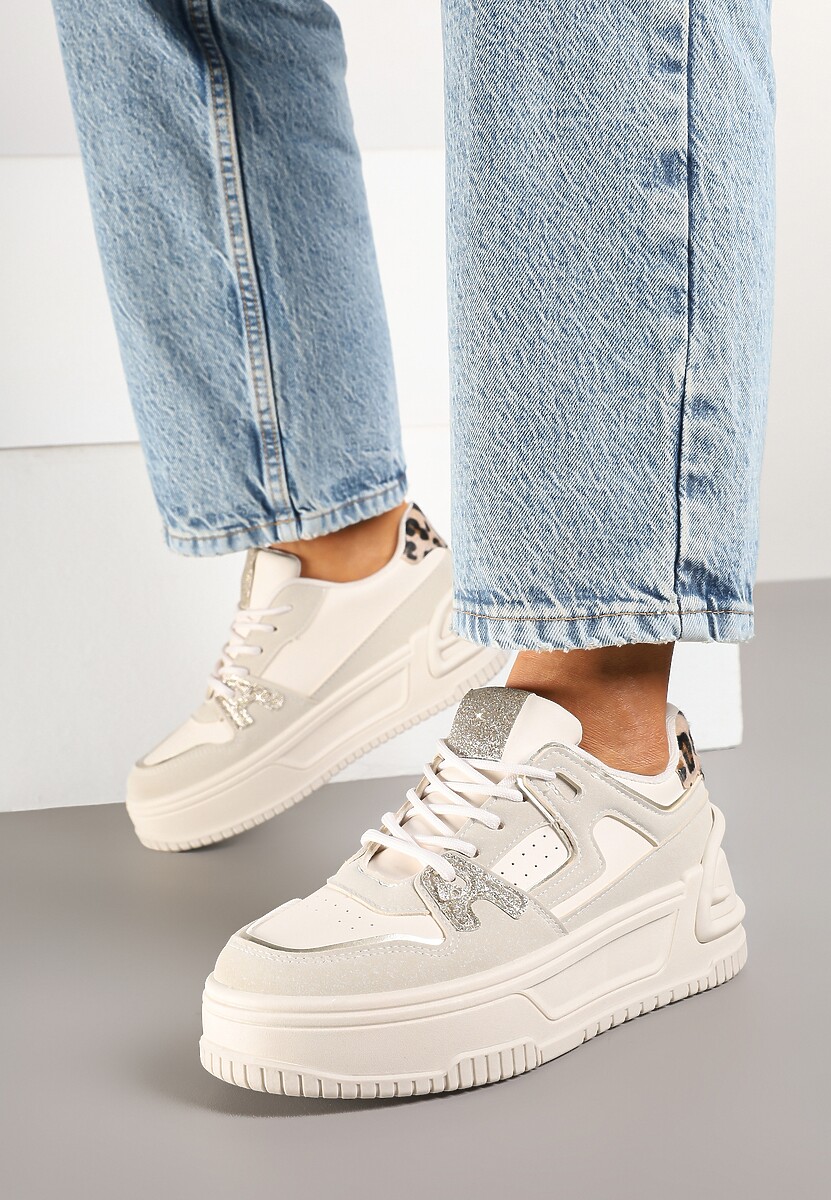 Beżowe Sneakersy na Tłoczonej Platformie z Geometrycznym Motywem Eloneo