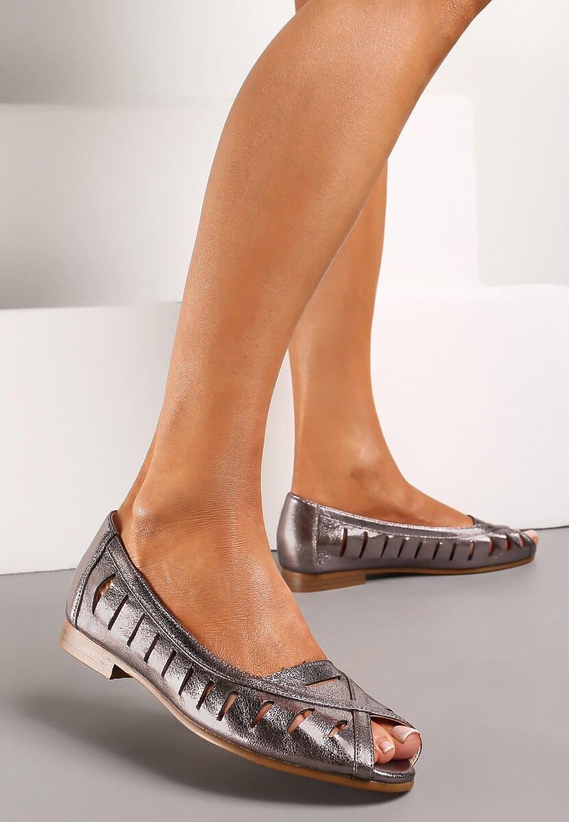 Złote Ażurowe Balerinki Peep Toe z Wkładką ze Skóry Naturalnej Darifna