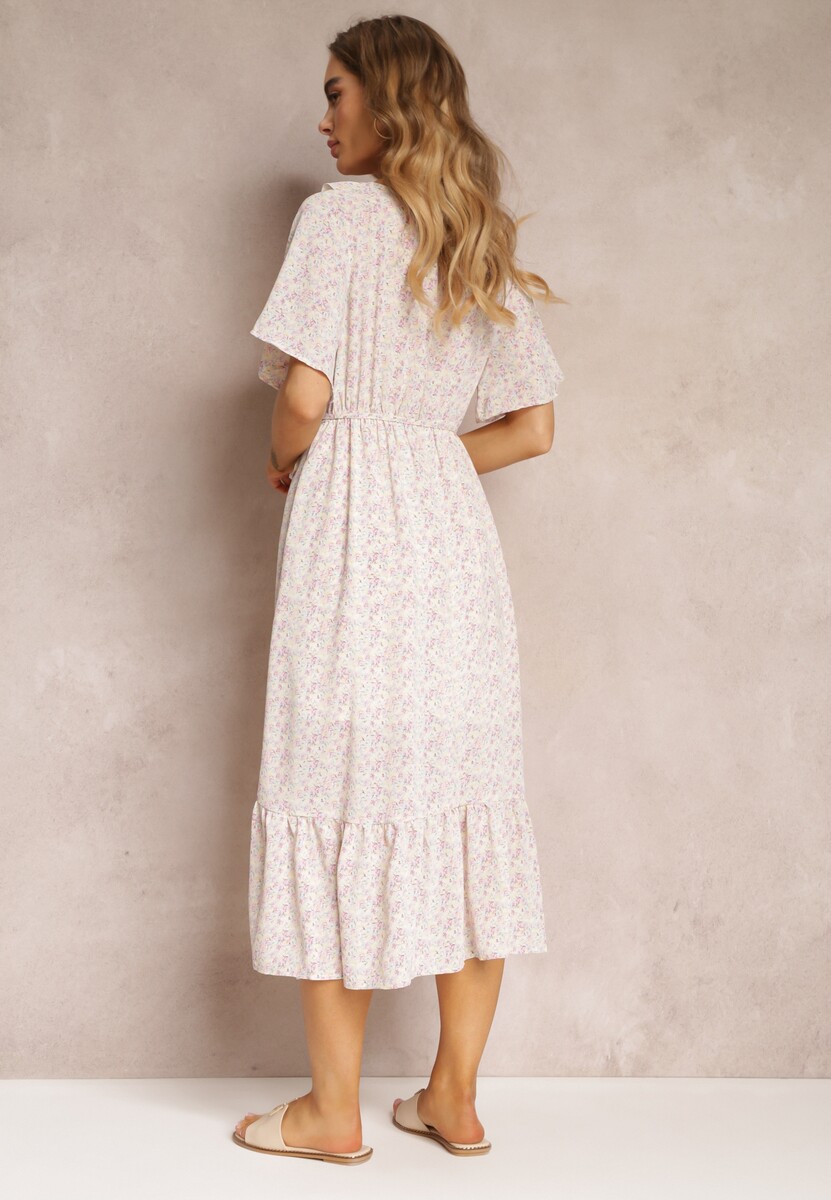 Różowo-Miętowa Sukienka Midi z Falbankami Kopertowym Dekoltem i Gumką w Pasie Denila