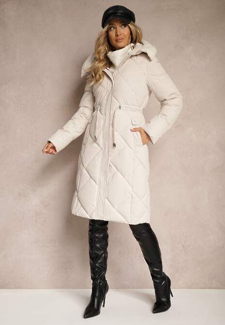 Beżowa Kurtka z Kapturem Ozdobiona Pikowaniem Sznurkami w Pasie i Kołnierzem Ellariana