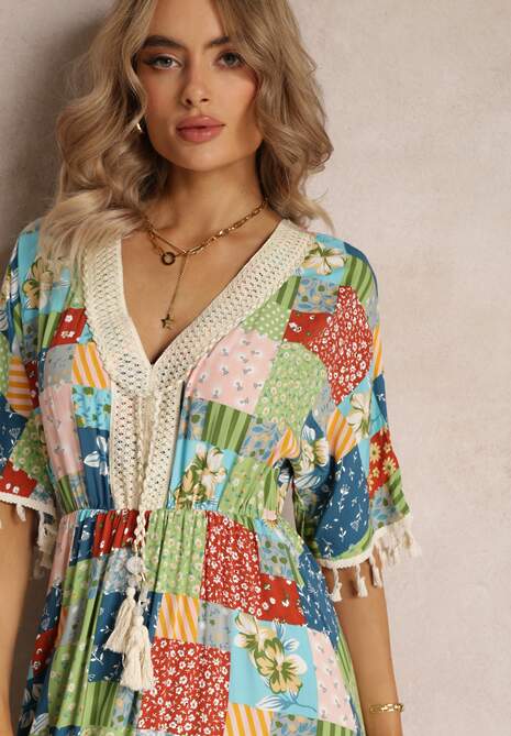 Zielona Rozkloszowana Sukienka Maxi z Falbanką w Patchworkowy Wzór Fiorella