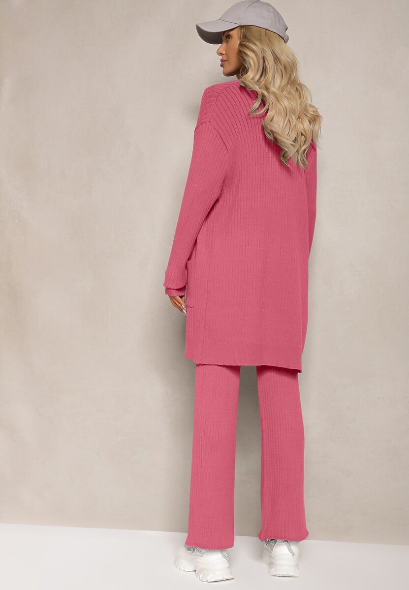 Ciemnoróżowy Komplet z Dzianiny Spodnie o Luźnym Fasonie Bluzka i Niezapinany Kardigan Irithaele