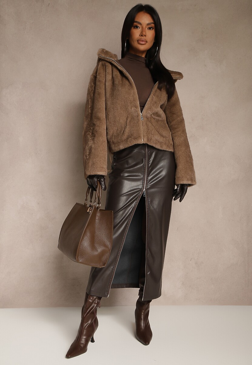 Brązowa Kurtka Futerko Typu Teddy z Nieodpinanym Kapturem Lanikka